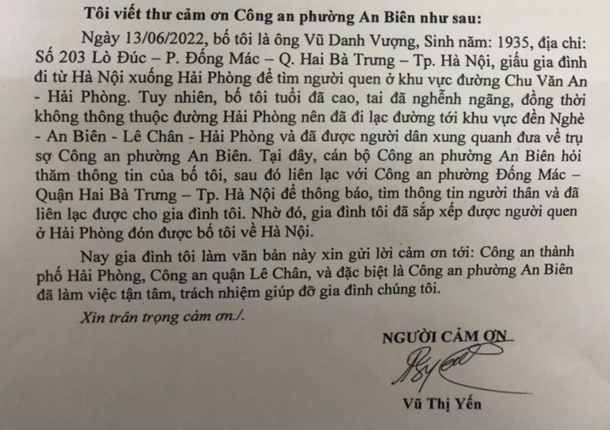 Người dân gửi thư cảm ơn Công an phường An Biên (quận Lê Chân)